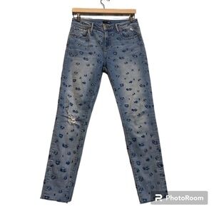 AQUA | Blue Leopard embroidered Skinny Jeans With Raw Hem | 27